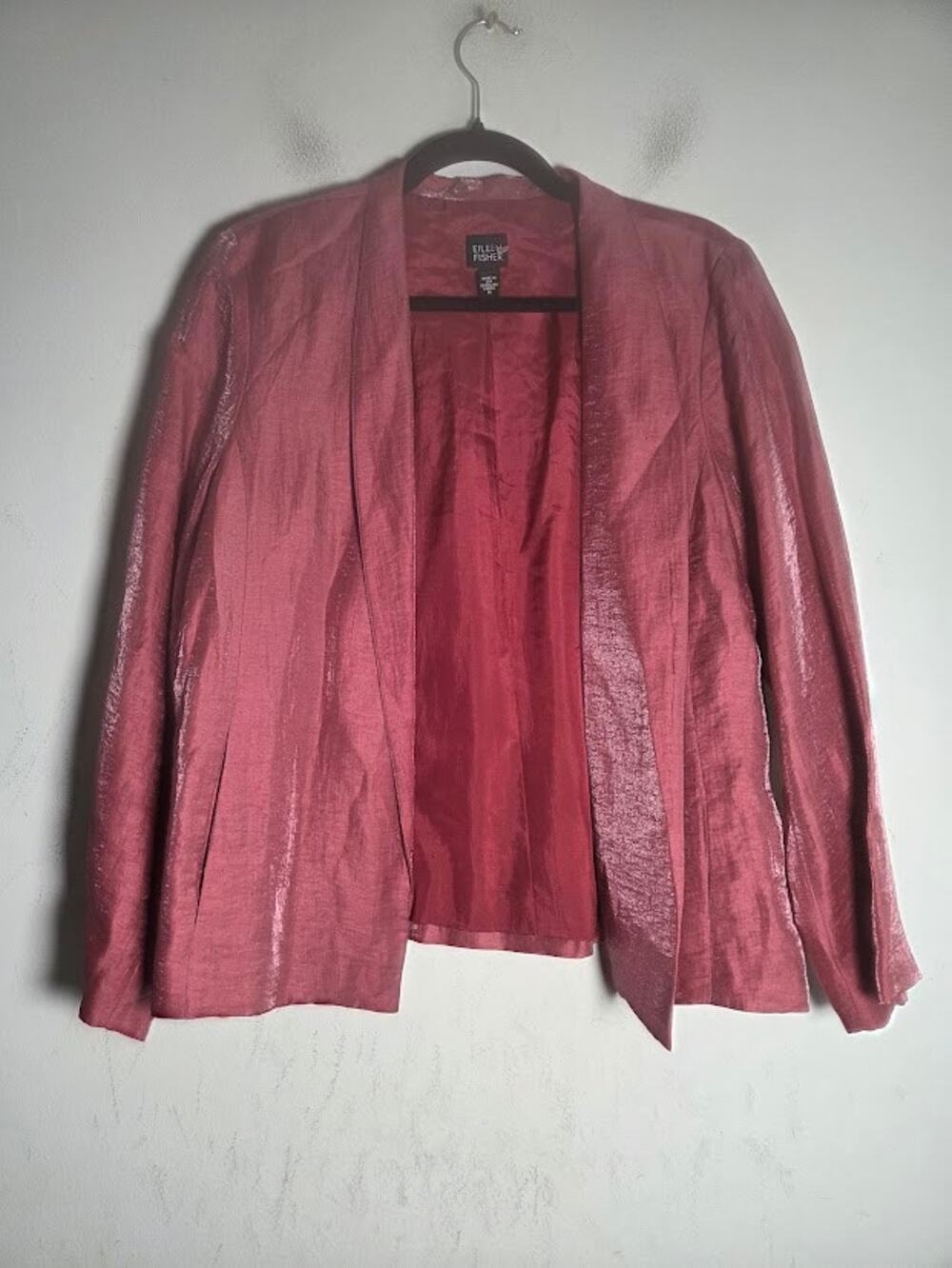 Eileen Fisher Dark Pink Satin Metallic Linen/Silk Open Lapel Blazer size Medium
